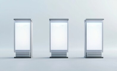 Street Advertising Mockup: Three sleek, modern street billboards stand in a row, offering a clean and impactful visual for your advertising campaign. Perfect for showcasing your designs and branding.
