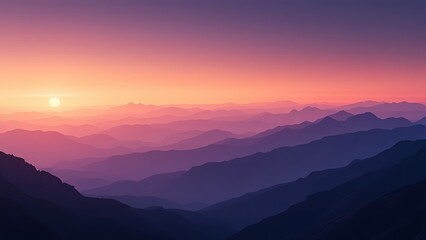Fototapeta premium Distant mountain peaks layers at sunrise. Pattern of mountains silhouettes against orange sky in Dolomites.