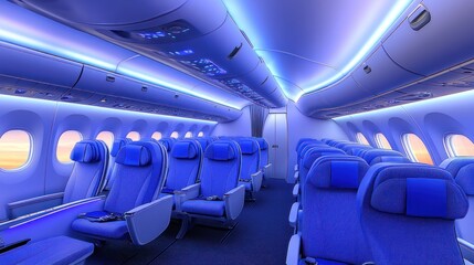 Fototapeta premium Airplane cabin interior with blue seats and ambient lighting.