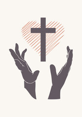 Fototapeta premium Human hands reaching out to the Christian cross, almost touching. Help, religion and love concept. Cross icon between hands