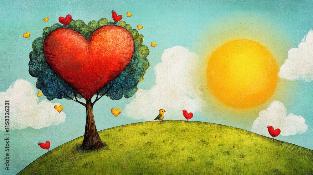 Poster whimsical hand drawn valentines day design featuring a heart tree with bright colors and copy space 
