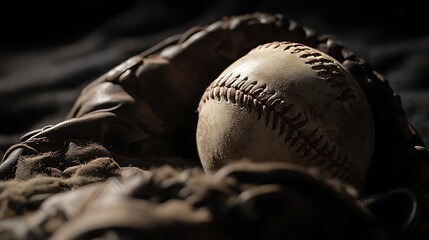Aged baseball tucked into a rugged leather glove moody shadows on dark surface
