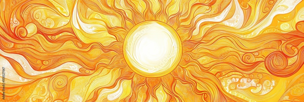 Poster bright sun doodle with pancake like rays shining radiantly in a cheerful and vivid style for warm su