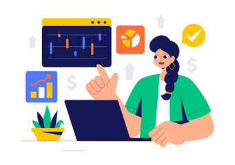 Trader Vector Illustration Featuring Financial Trend Evaluation, Data Analysis, Traders Analyzing Charts, Candle Bars, and Graphs on Digital Devices
