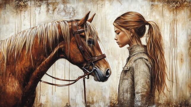 Young woman and chestnut horse share a quiet moment, depicted in a realistic painting style against a textured background.