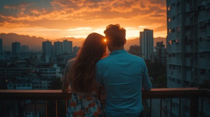 Fototapeta premium Couple embracing at sunset, overlooking city skyline from rooftop balcony.