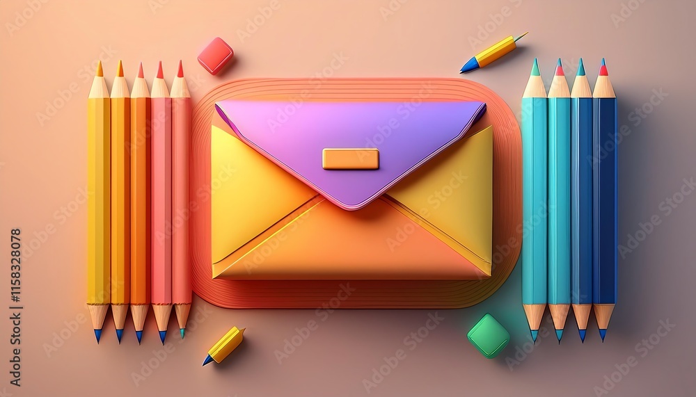 Poster a vibrant envelope surrounded by colorful pencils and geometric shapes, creating a playful and creat