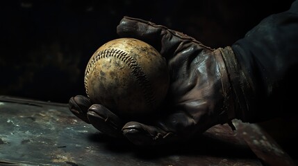 A scuffed leather glove paired with a weathered ball moody background lighting