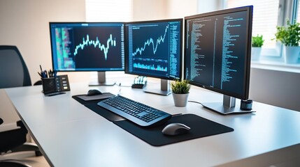 Naklejka premium Modern workspace with three monitors displaying stock market data and code.