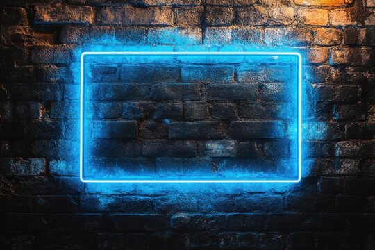 Neon Blue Rectangle on Brick Wall: A vibrant blue neon rectangle illuminates a distressed brick wall, creating a captivating backdrop for your text or design. This modern.