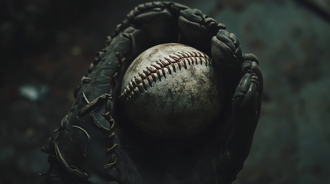 Worn-out baseball inside an old glove atmospheric shadows and dark tone