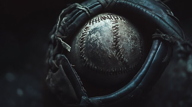 Worn-out baseball inside an old glove atmospheric shadows and dark tone
