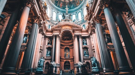 Naklejka premium Grand interior of a majestic cathedral, showcasing ornate columns, statues, and a domed ceiling.
