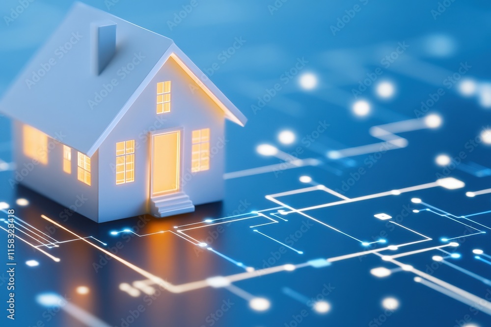 Aufkleber small white house model on a digital blueprint background, symbolizing smart home technology and mod