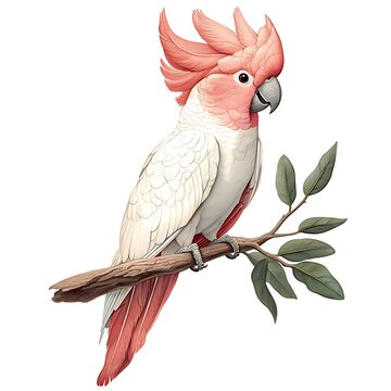 A Majestic Galah Cockatoo Perched on a Branch, Isolated on White.