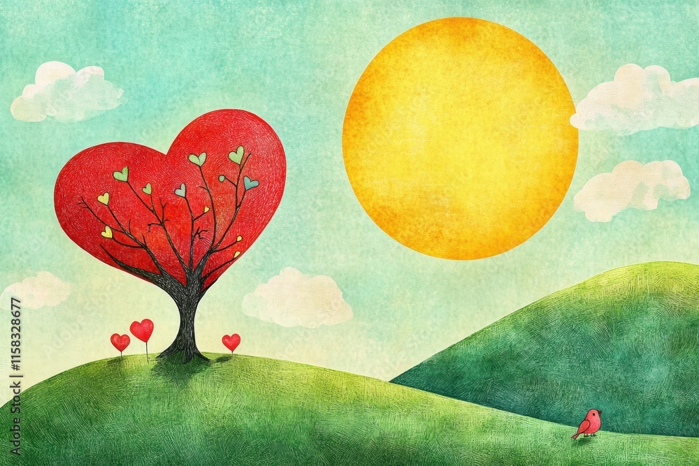 Aufkleber whimsical valentines day design featuring a heart shaped tree under a bright sun with a clear sky an
