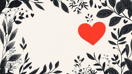Red heart surrounded by black leaves on a cream background. Minimalist design.