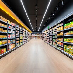 Modern Grocery Store Aisle with Well-Stocked Shelves and Bright Lighting for Diverse Shopping Experiences and Culinary Inspiration in Urban Environments