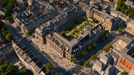 Fototapeta premium Aerial view of a European city square with buildings, streets, and a garden.