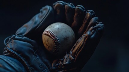 Close-up of baseball in a leather glove focused against a deep dark backdrop