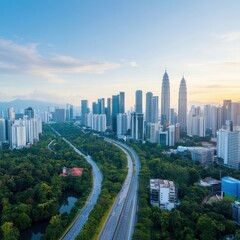 Scenic Urban Skyline with Modern Skyscrapers Overlooking Greenery and Roads in a Bustling City Landscape under Clear Blue Sky