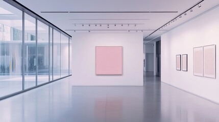 Minimalist pink artwork displayed in modern art gallery.