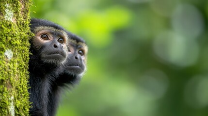 Obraz premium Two Monkeys Peeking from Behind a Tree Trunk in a Lush Green Forest, Capturing the Beauty of Nature and Wildlife in Their Natural Habitat