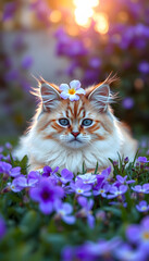 Cute siberian cat lying on the periwinkle lawn with flower on the head, Backlit, with white tones