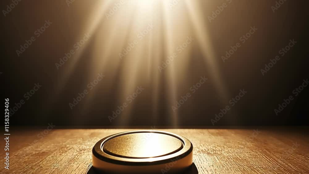 Poster bright light shines on a circular object, creating a dramatic atmosphere in a dimly lit space