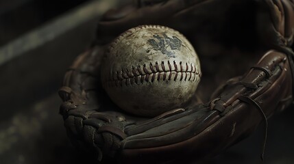 Dramatic lighting on an old baseball nestled in a leather glove dark composition