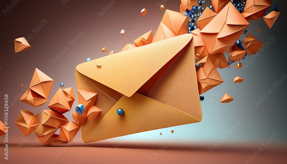Poster a vibrant, dynamic illustration of an envelope with floating geometric shapes, symbolizing communica