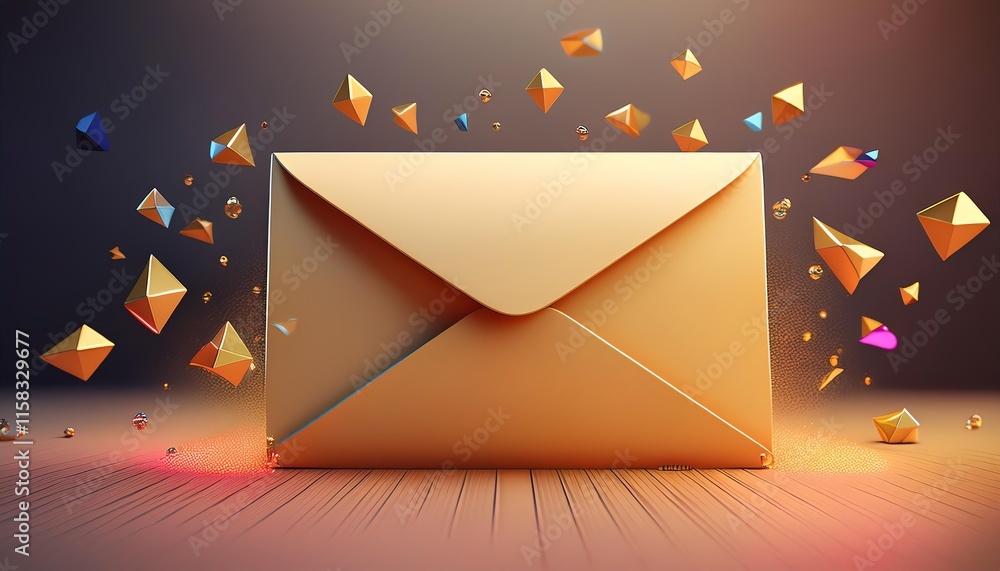 Poster a golden envelope surrounded by colorful geometric shapes, creating a vibrant and dynamic visual eff
