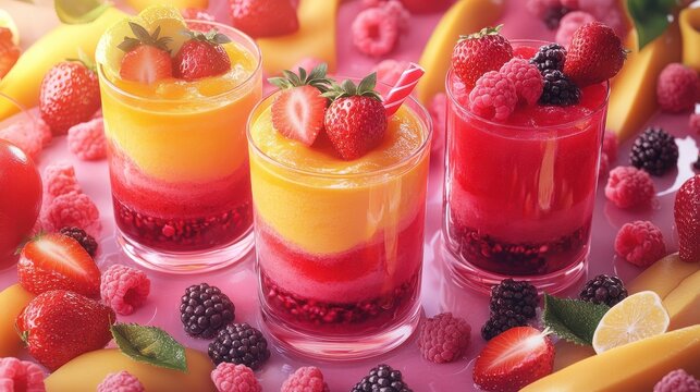 A vibrant display of red and yellow fruit smoothies in clear glasses, garnished with strawberries, surrounded by fresh fruits like raspberries and blackberries.