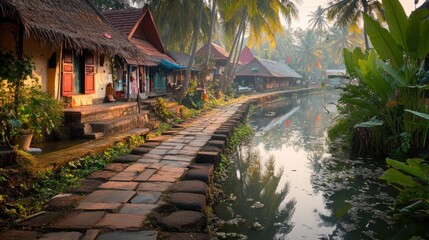 Picturesque village pathway alongside a tranquil canal at sunrise.