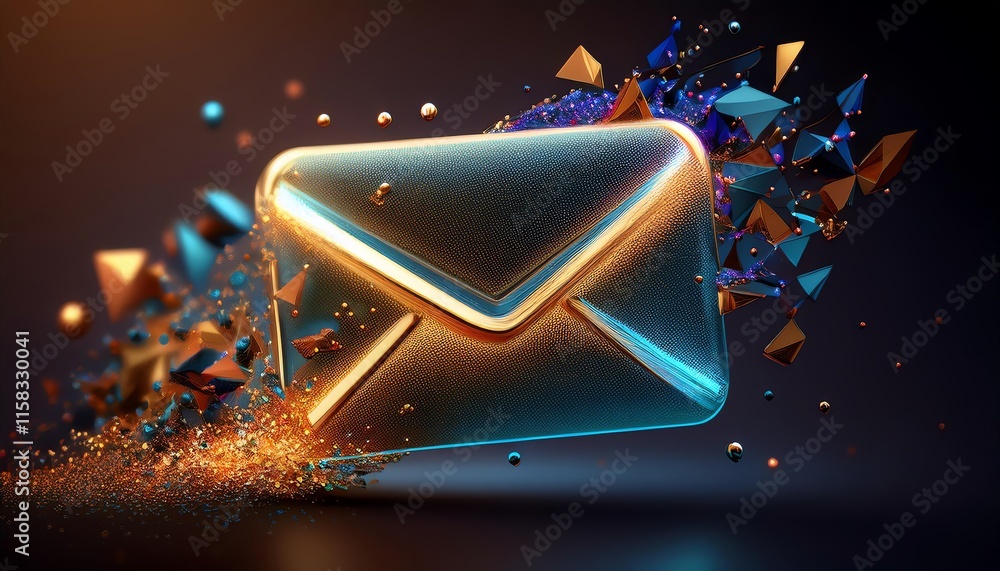 Poster a glowing envelope icon bursts with colorful particles, symbolizing digital communication and connec