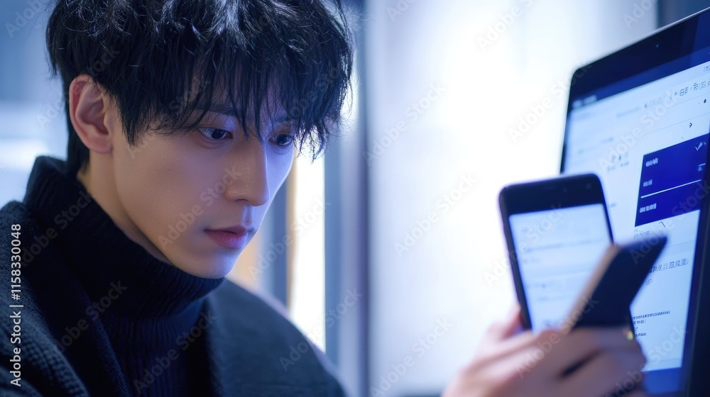 Poster young man using laptop touchscreen and smartphone to enhance password security and data privacy in a