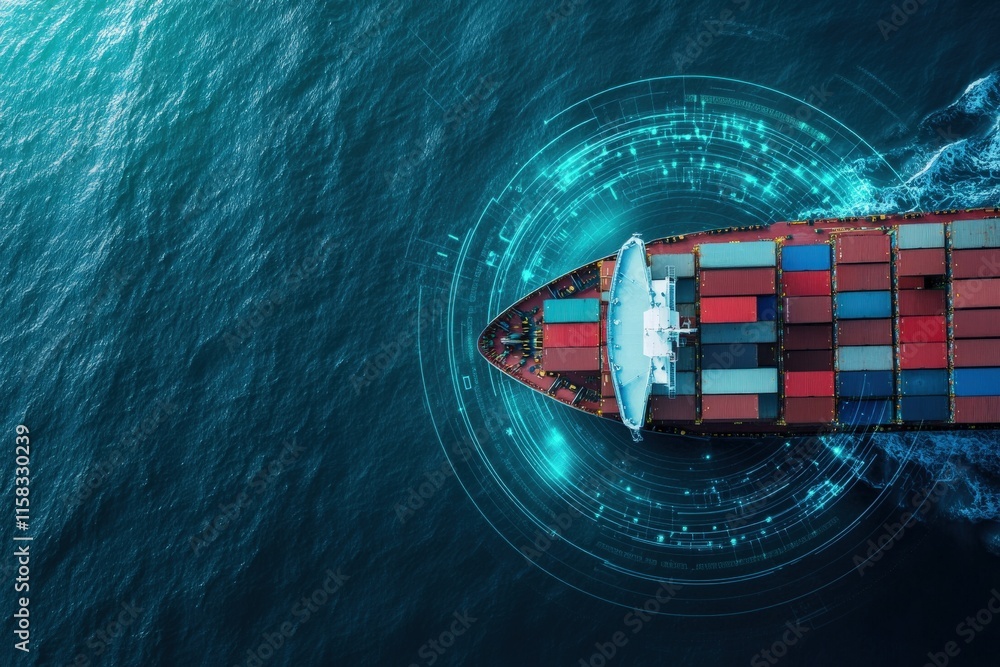 Poster modern cargo ship navigating through digital ocean waves with high-tech graphics underscoring global