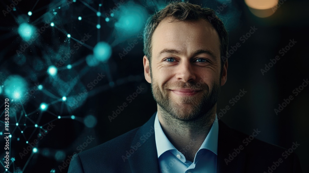 Poster confident businessman smiling with digital financial hologram interface showcasing modern technology