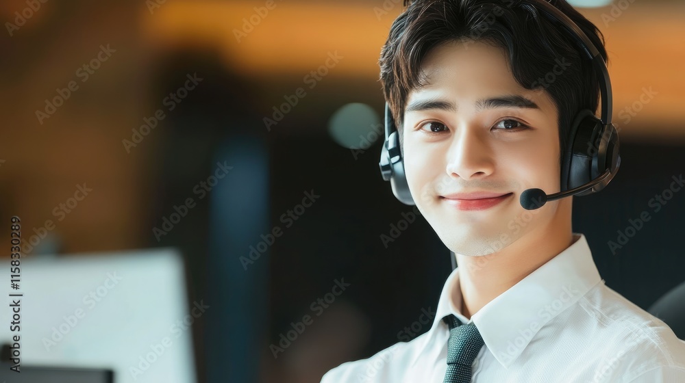 Poster smiling customer support agent in headset providing assistance in a modern call center environment