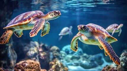 Fototapeta premium Graceful Turtles Gliding Through Clear Tropical Waters