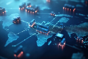 Detailed Digital Map Depicting Global Shipping Routes with Cargo Containers and City Lights Representing a Modern Logistics and Supply Chain Network