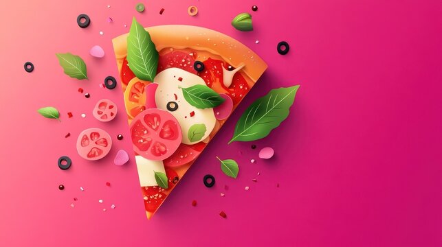 Delicious pizza slice with tomatoes, mozzarella, basil, and olives on a pink background.
