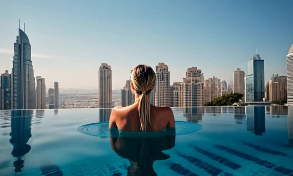 Woman in infinity pool overlooking Dubai's stunning skyline.
