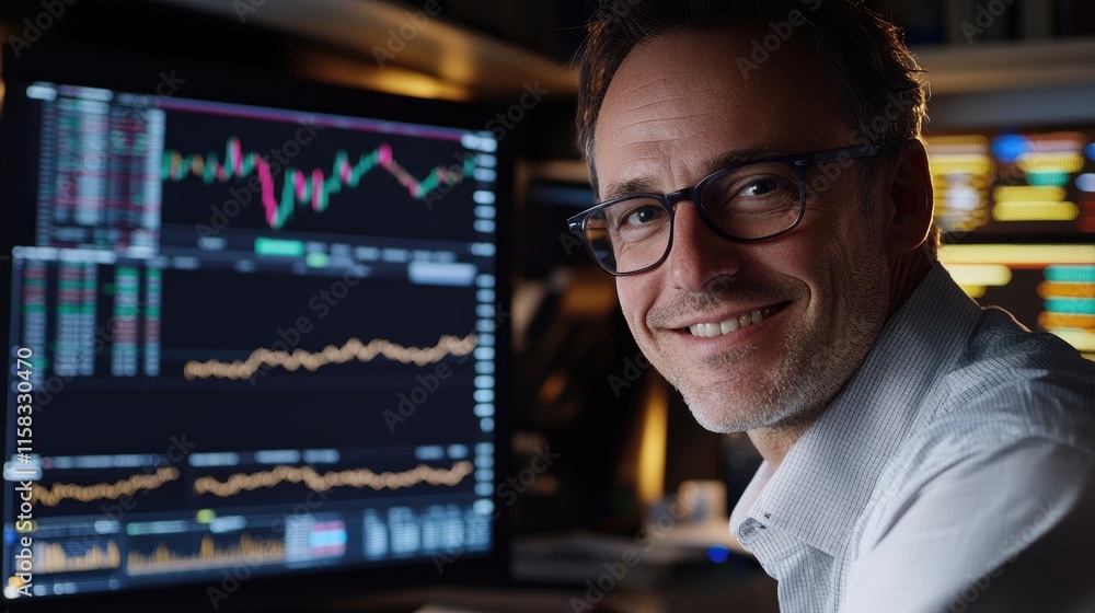 Poster smiling male trader at workspace with stock charts displaying modern financial technology and analys