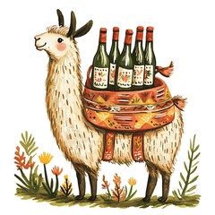 A charming watercolor illustration of a llama carrying a colorful cargo of wine bottles, set against a backdrop of wildflowers.