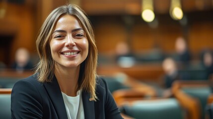 Professional female politician smiling confidently in suit during business meeting at legislative assembly showcasing leadership and engagement