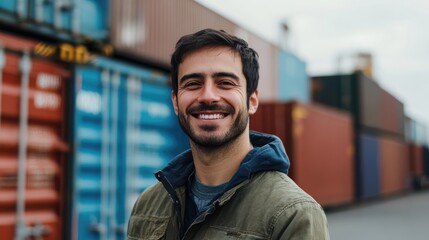 Smiling male worker at a port with shipping containers and truck in background showcasing professionalism and industry spirit.