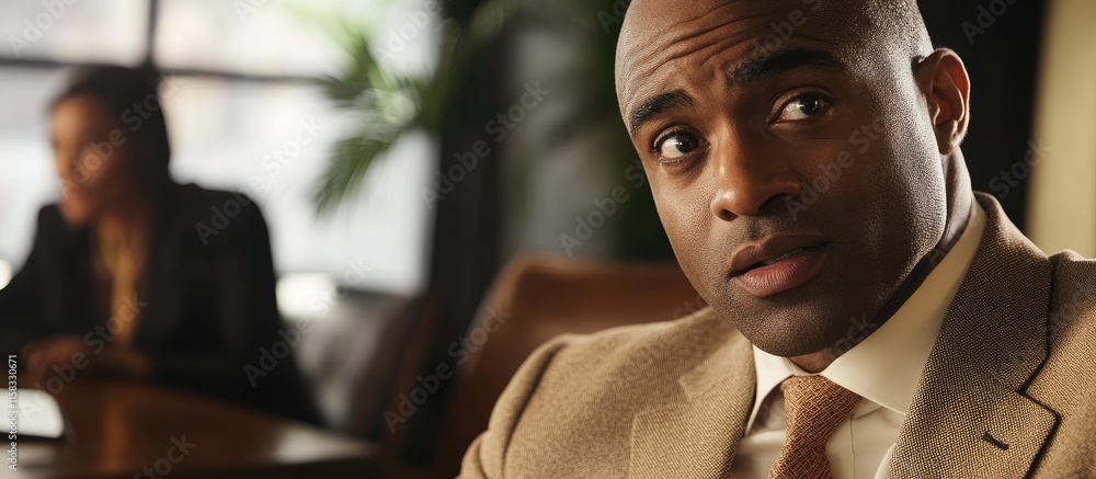 Poster Businessman in professional attire engaging with a colleague at a desk in an office setting with empty copy space for text or branding