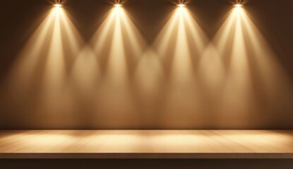 Illuminated Podium: Four Warm Spotlights Cast a Glow on a Simple Wooden Platform, Creating a Dramatic and Elegant Setting for Product Display or Presentation.  