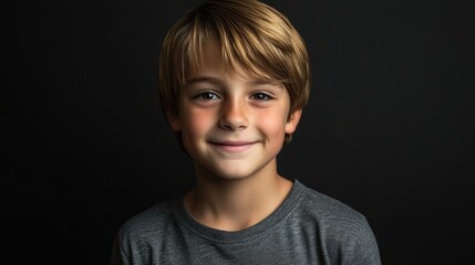 Smiling young boy portrait against dark background showcasing innocence and warmth with a joyful expression.